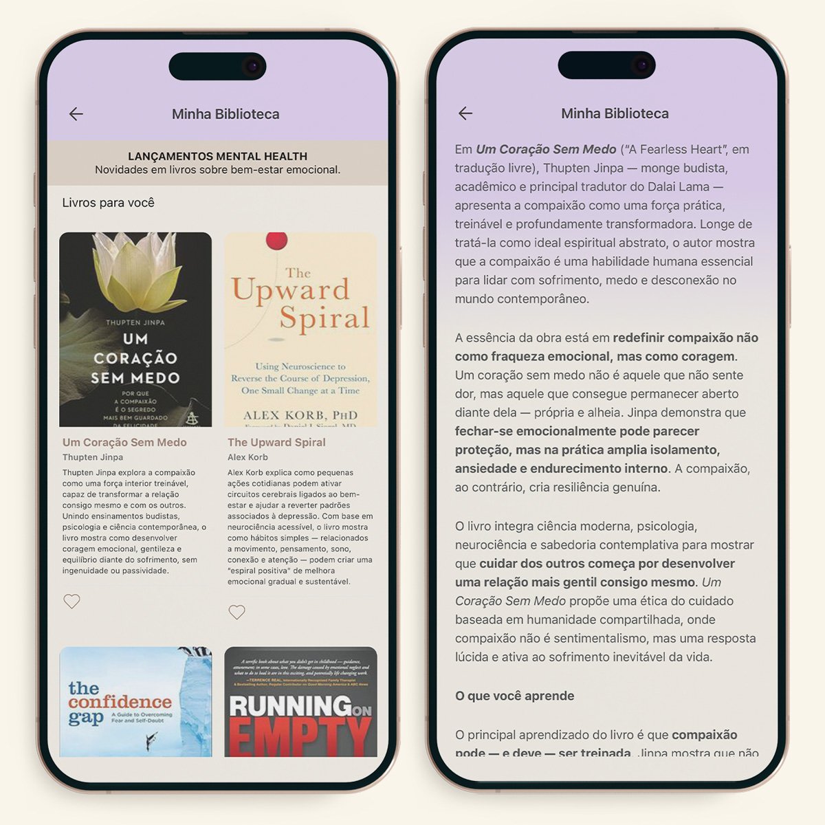 Minha biblioteca no app Openthera com indicações de livros.